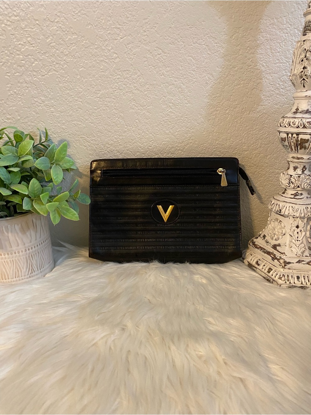 Valentino Black Quilted Clutch with Gold V Emblem